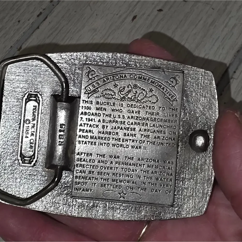 Vtg 1984 USS Arizona Commemorative Belt Buckle Pearl Harbor Indiana Metal Craft